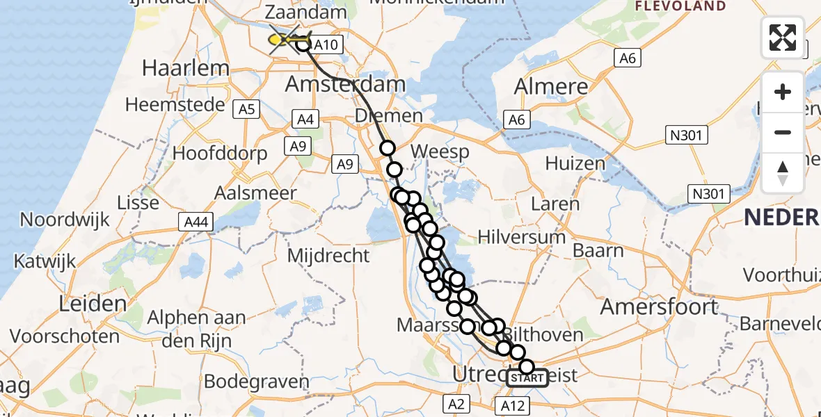 Routekaart van de vlucht: Lifeliner 1 naar Amsterdam Heliport