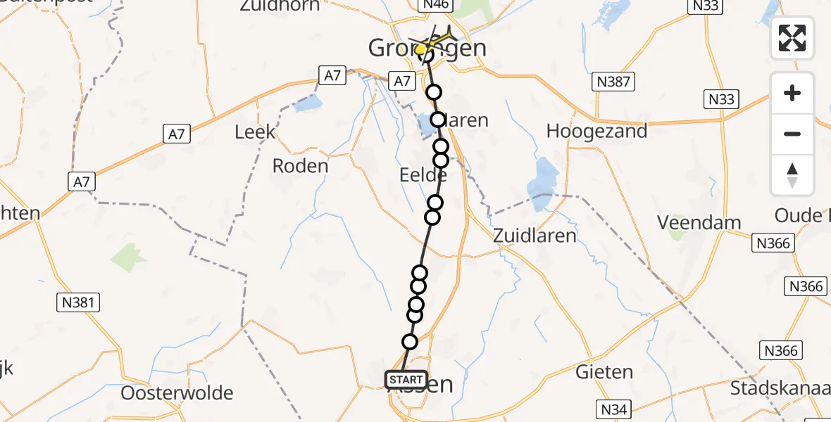 Routekaart van de vlucht: Lifeliner 4 naar Universitair Medisch Centrum Groningen