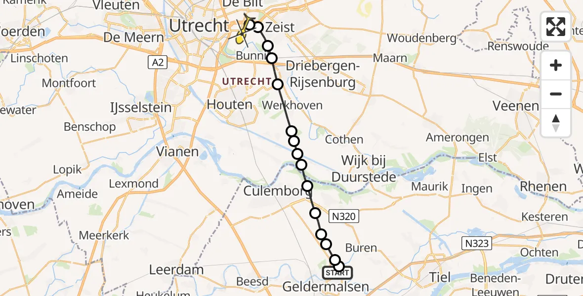 Routekaart van de vlucht: Lifeliner 3 naar Universitair Medisch Centrum Utrecht