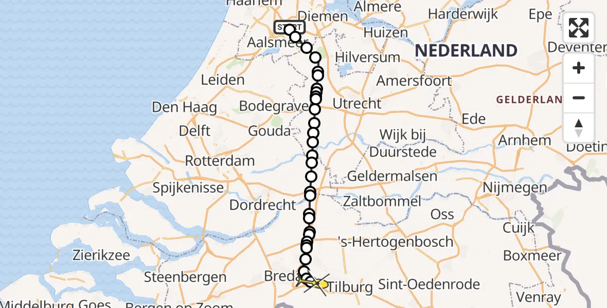 Vluchtroute Politiehelikopter van Schiphol naar Vliegbasis Gilze-Rijen