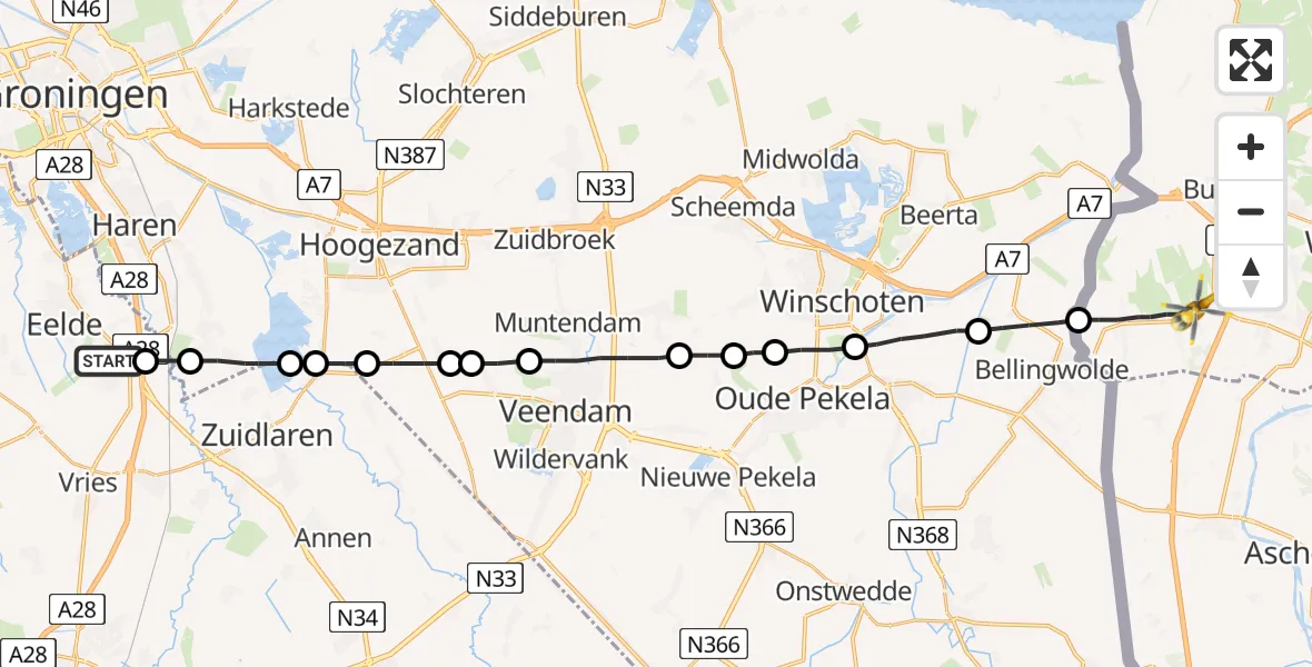 Vluchtroute Traumahelikopter van Groningen Airport Eelde naar 