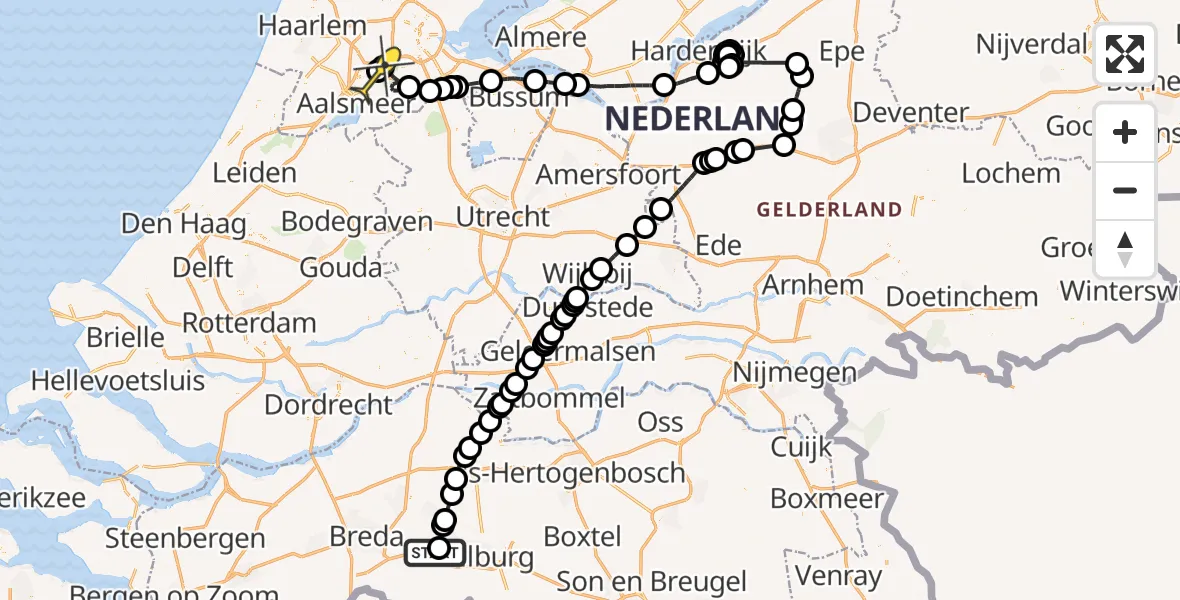 Routekaart van de vlucht: Politieheli naar Schiphol