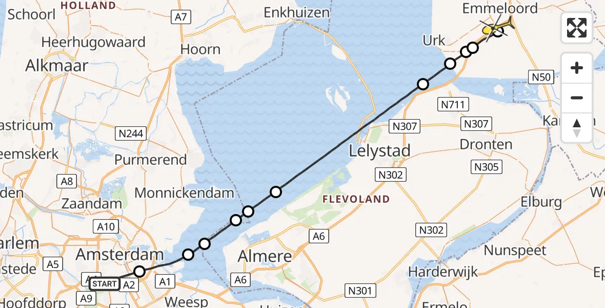 Routekaart van de vlucht: Lifeliner 1 naar Emmeloord