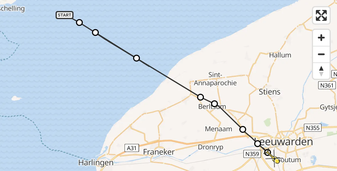 Routekaart van de vlucht: Ambulanceheli naar Leeuwarden