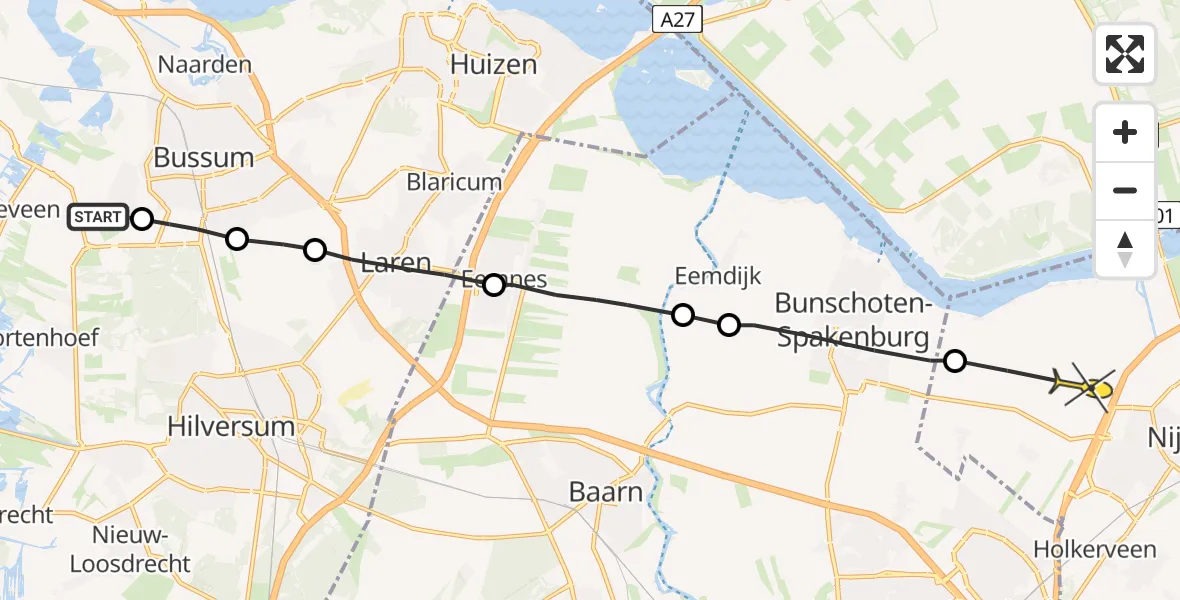 Routekaart van de vlucht: Politieheli naar Nijkerk