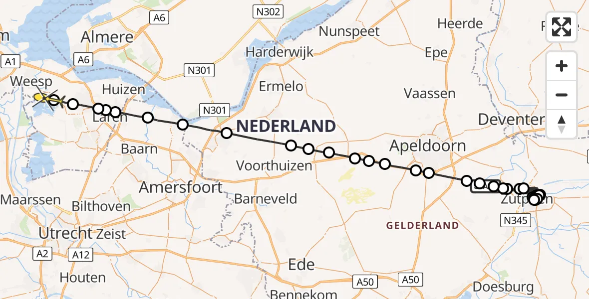 Routekaart van de vlucht: Politieheli naar Weesp