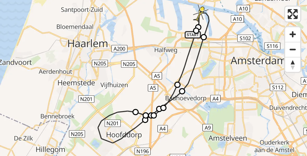 Routekaart van de vlucht: Lifeliner 1 naar Amsterdam Heliport