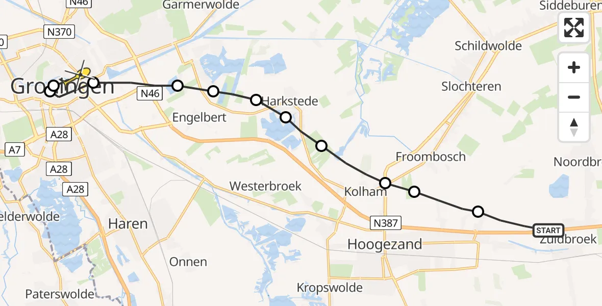 Routekaart van de vlucht: Lifeliner 4 naar Universitair Medisch Centrum Groningen