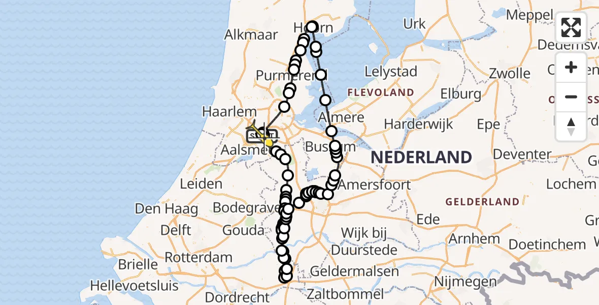 Routekaart van de vlucht: Politieheli naar Schiphol