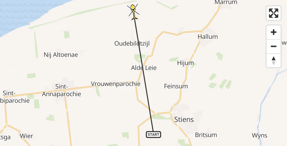 Routekaart van de vlucht: Ambulancehelikopter naar Oudebildtzijl