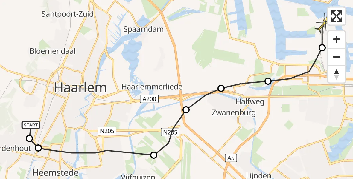 Routekaart van de vlucht: Lifeliner 1 naar Amsterdam Heliport