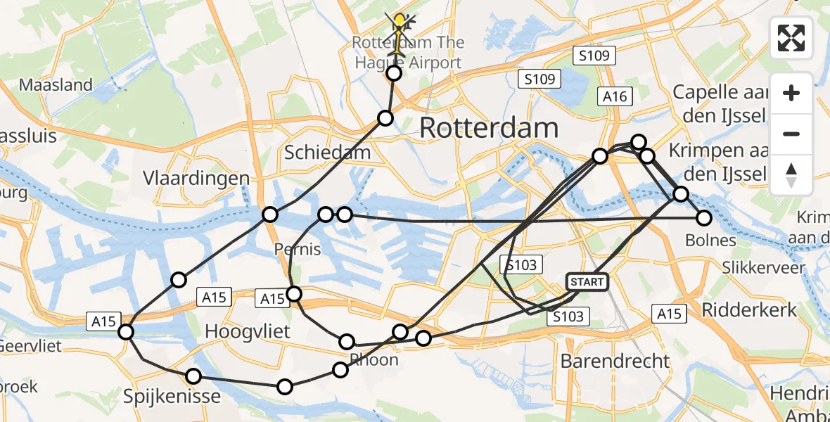 Vluchtroute Politiehelikopter van Rotterdam naar Rotterdam The Hague Airport