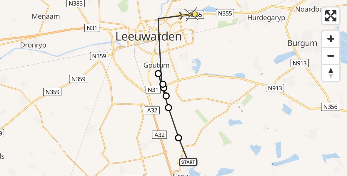Vluchtroute Ambulancehelikopter van Grou naar Leeuwarden
