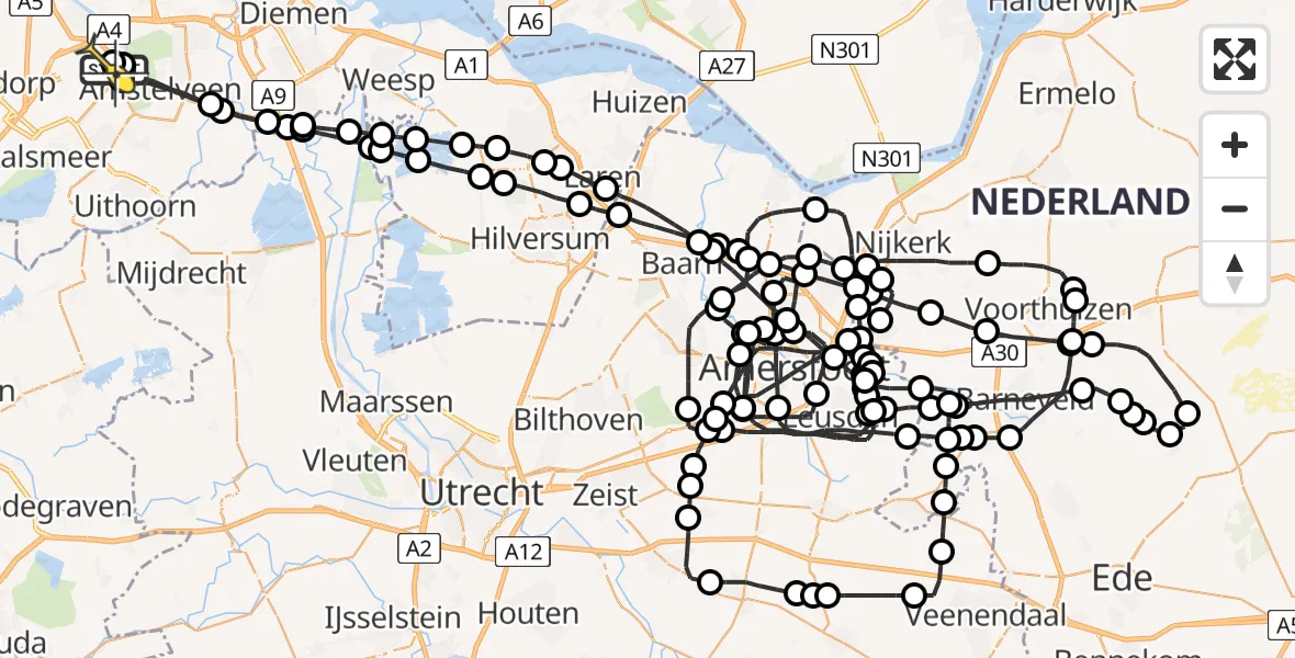 Routekaart van de vlucht: Politieheli naar Schiphol