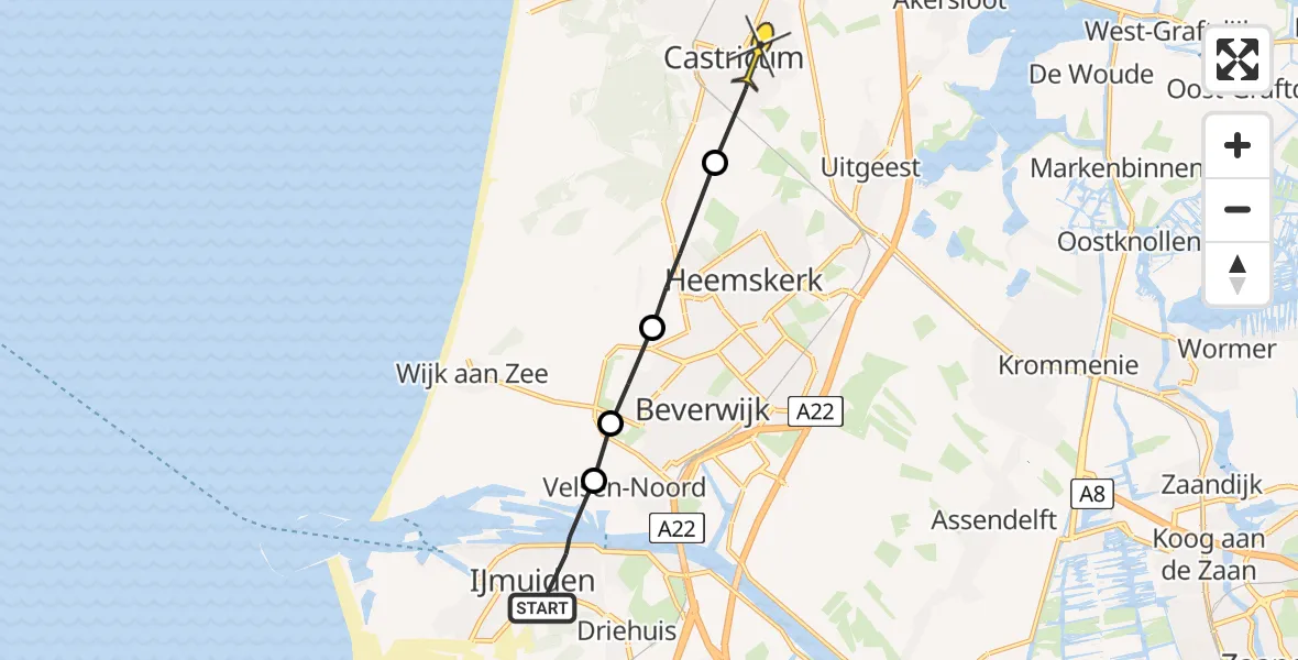 Routekaart van de vlucht: Politieheli naar Castricum