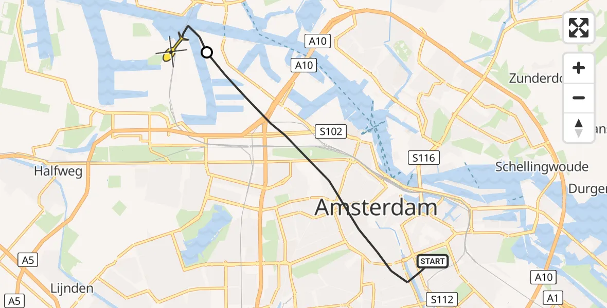 Routekaart van de vlucht: Lifeliner 1 naar Amsterdam Heliport