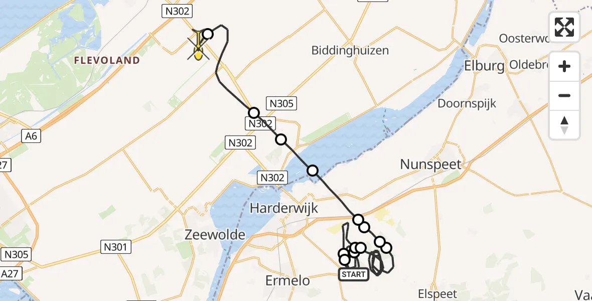 Routekaart van de vlucht: Politieheli naar Lelystad Airport