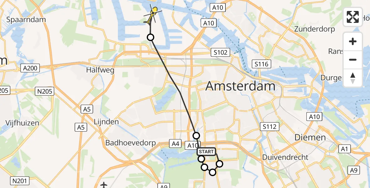Routekaart van de vlucht: Lifeliner 1 naar Amsterdam Heliport