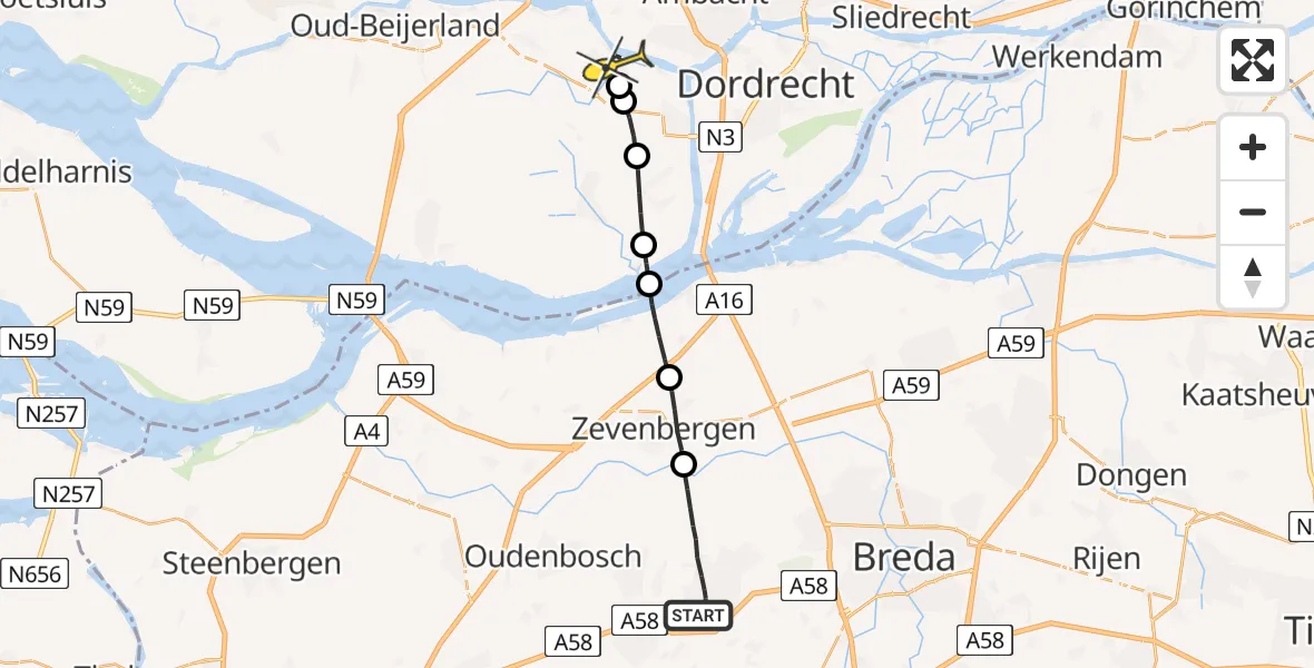 Routekaart van de vlucht: Lifeliner 2 naar Puttershoek