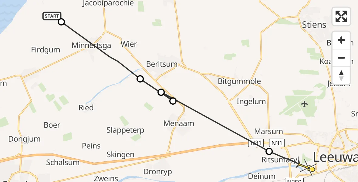 Routekaart van de vlucht: Ambulanceheli naar Leeuwarden