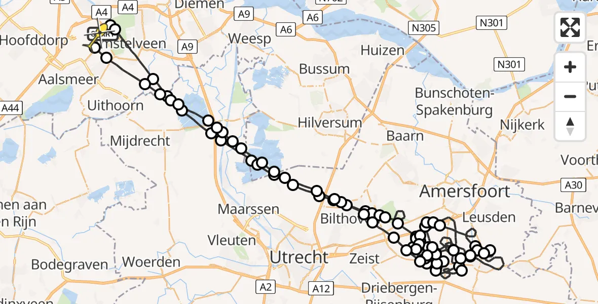 Routekaart van de vlucht: Politieheli naar Schiphol