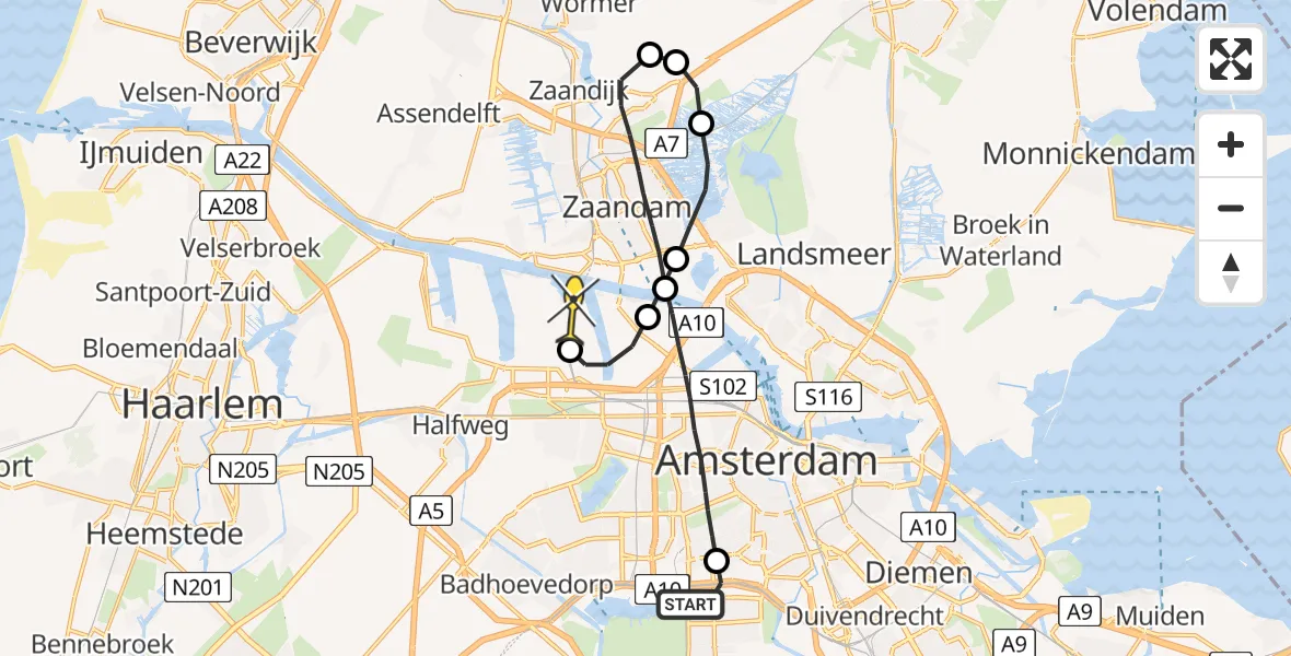 Routekaart van de vlucht: Lifeliner 1 naar Amsterdam Heliport