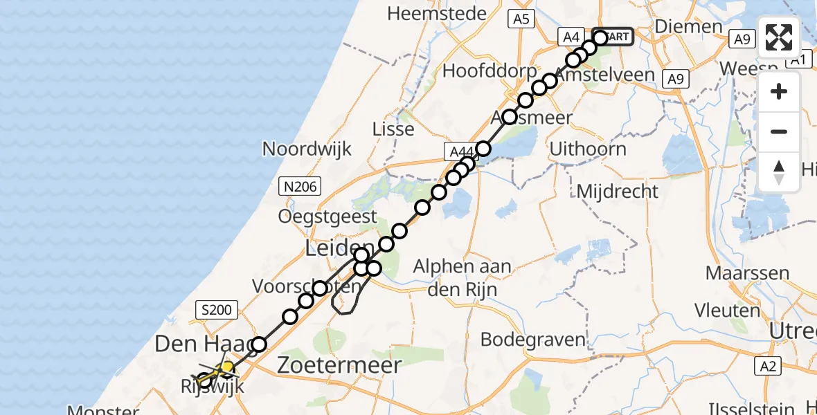 Routekaart van de vlucht: Lifeliner 1 naar Den Haag