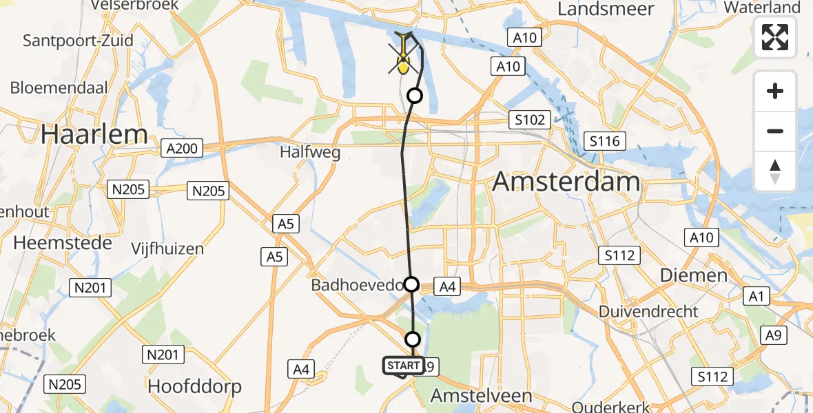 Routekaart van de vlucht: Lifeliner 1 naar Amsterdam Heliport