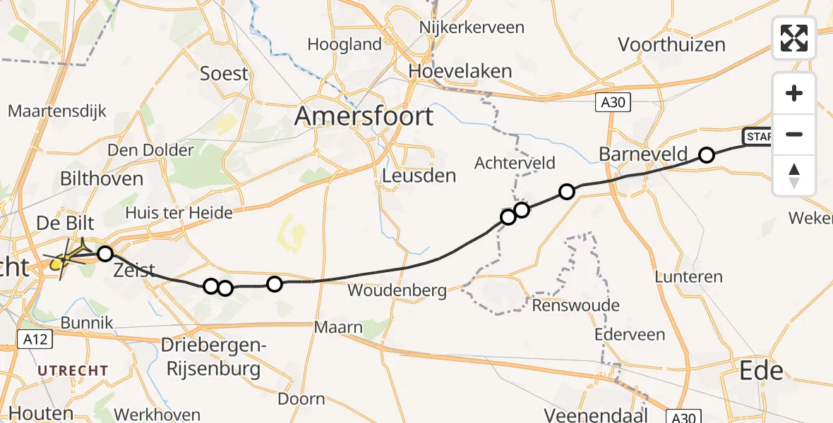 Routekaart van de vlucht: Lifeliner 3 naar Universitair Medisch Centrum Utrecht