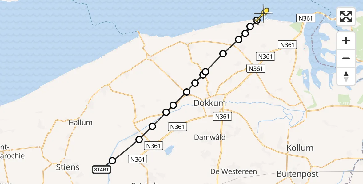 Routekaart van de vlucht: Ambulanceheli naar Nes