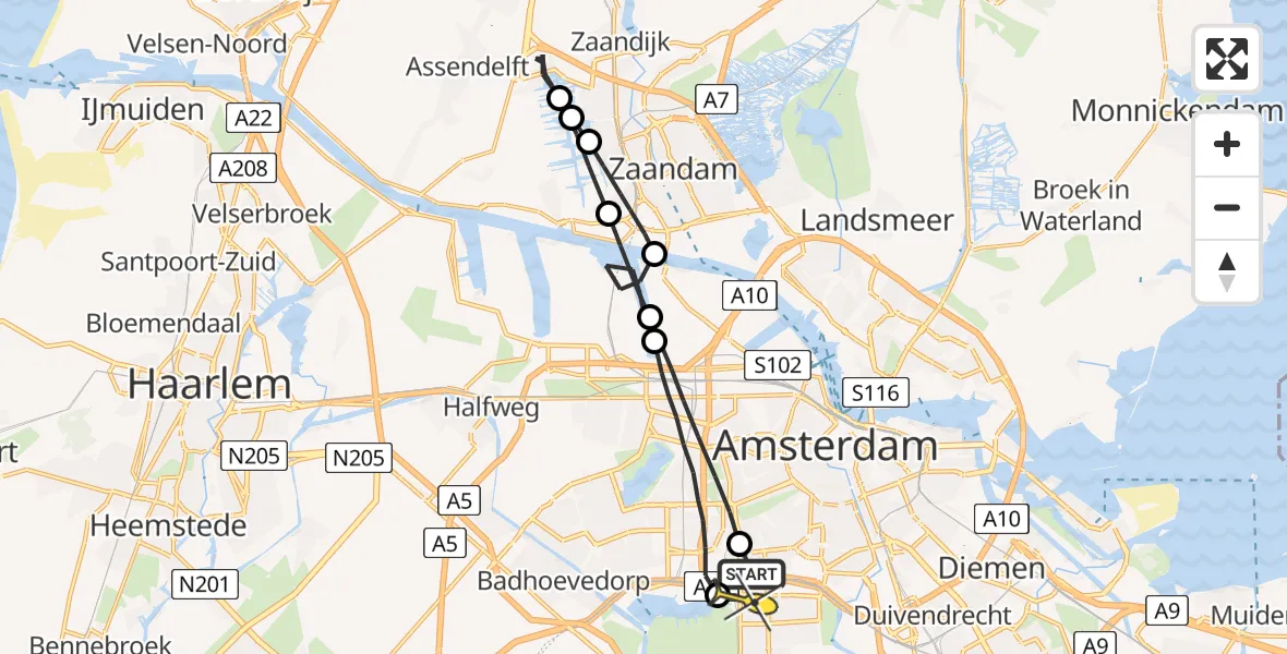 Routekaart van de vlucht: Lifeliner 1 naar VU Medisch Centrum Amsterdam