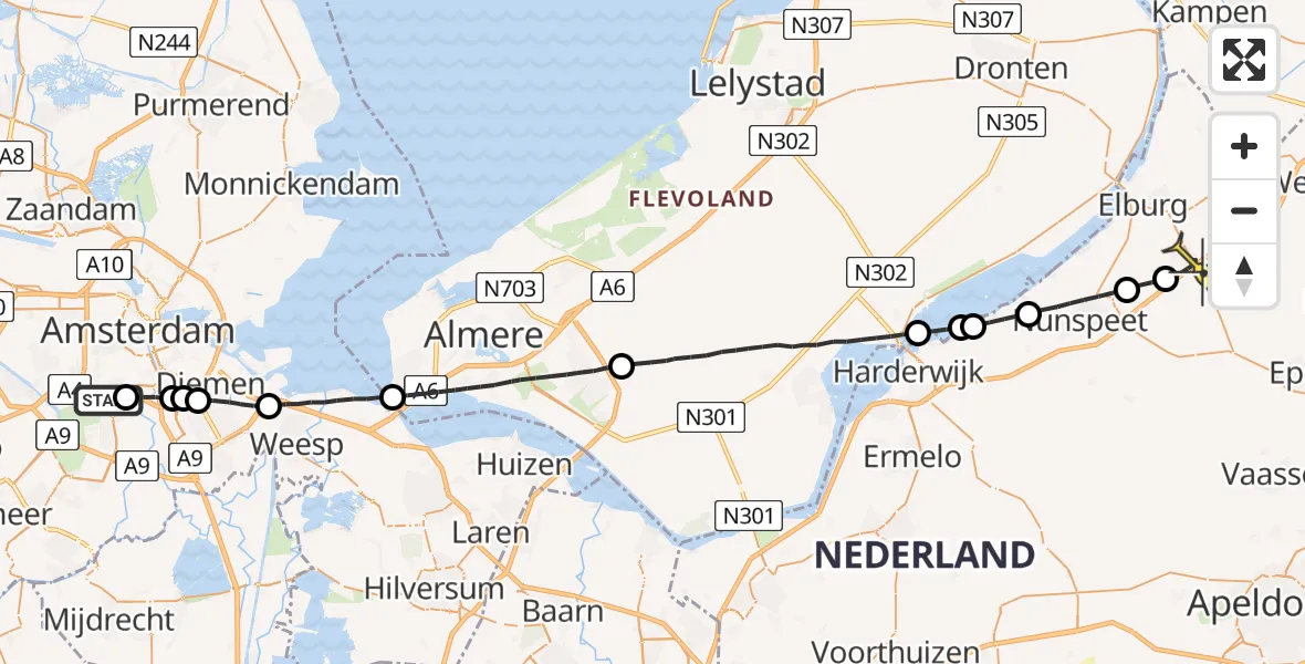 Routekaart van de vlucht: Lifeliner 1 naar 't Harde