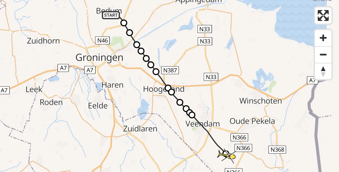 Routekaart van de vlucht: Lifeliner 4 naar Nieuwe Pekela