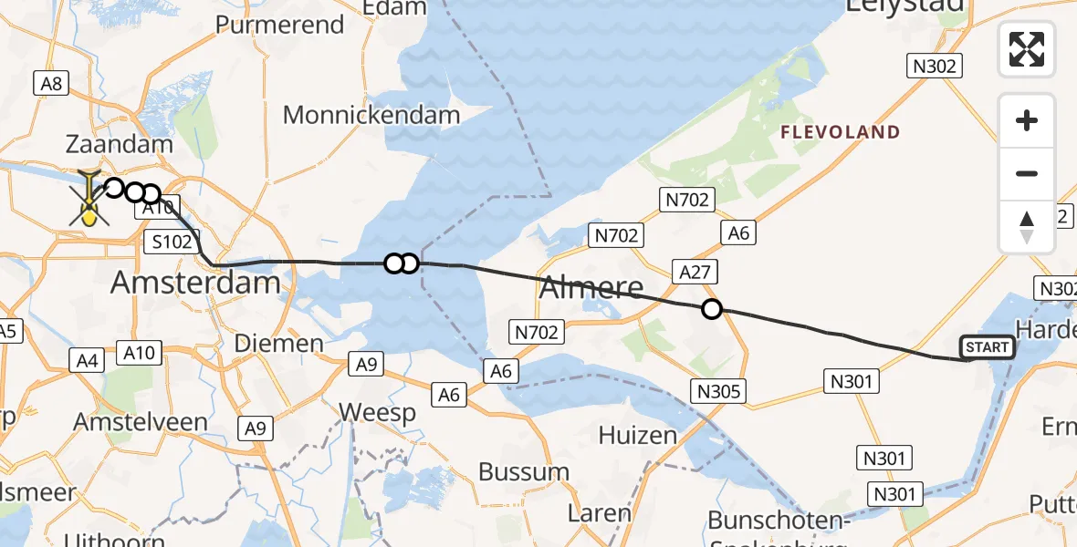 Routekaart van de vlucht: Lifeliner 1 naar Amsterdam Heliport