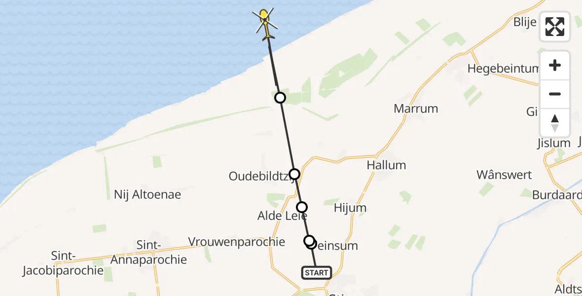 Routekaart van de vlucht: Ambulancehelikopter naar Marrum
