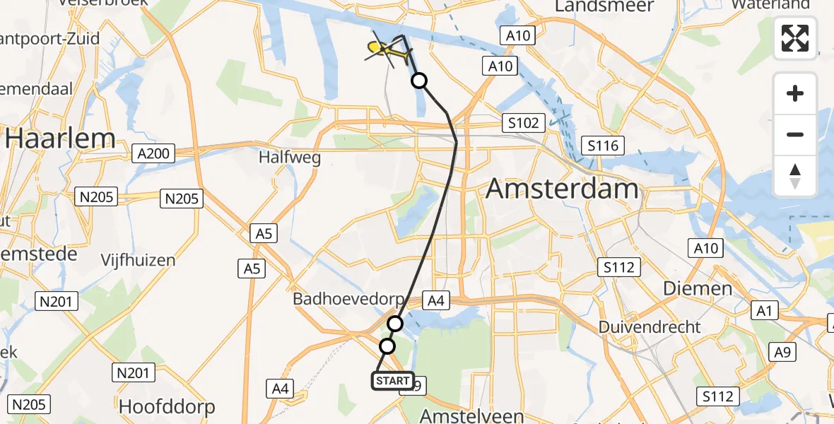 Vluchtroute Politiehelikopter van Schiphol naar Amsterdam Heliport