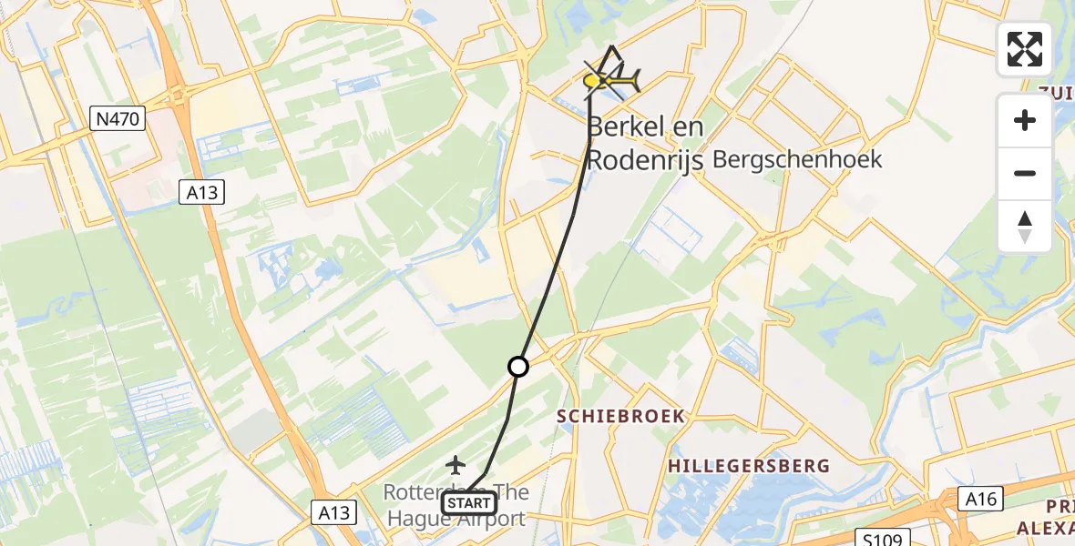 Routekaart van de vlucht: Lifeliner 2 naar Berkel en Rodenrijs