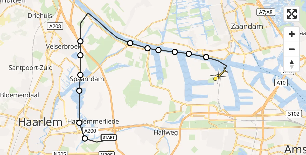 Routekaart van de vlucht: Lifeliner 1 naar Amsterdam Heliport