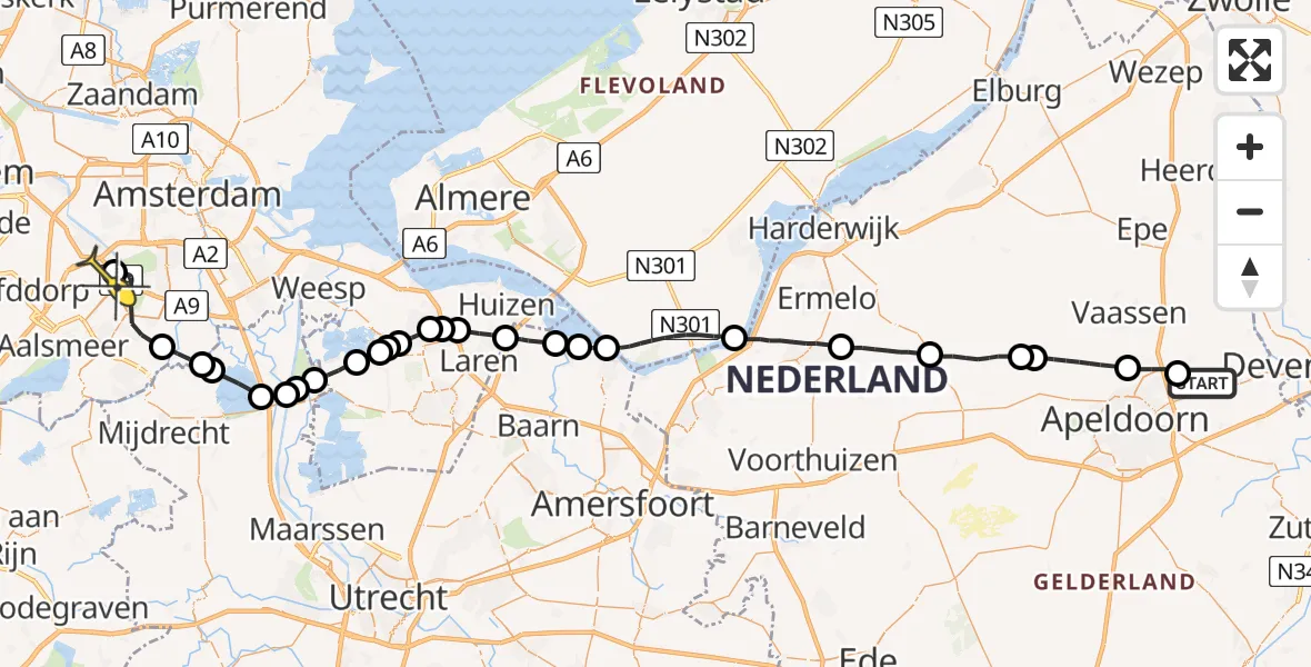 Routekaart van de vlucht: Politieheli naar Schiphol