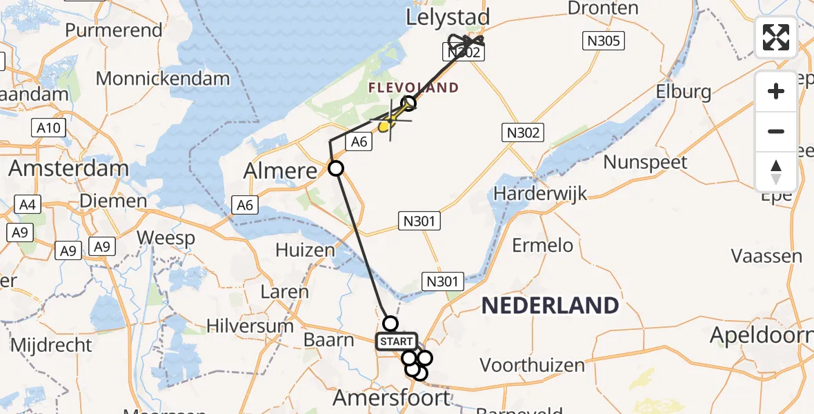 Routekaart van de vlucht: Politieheli naar Lelystad