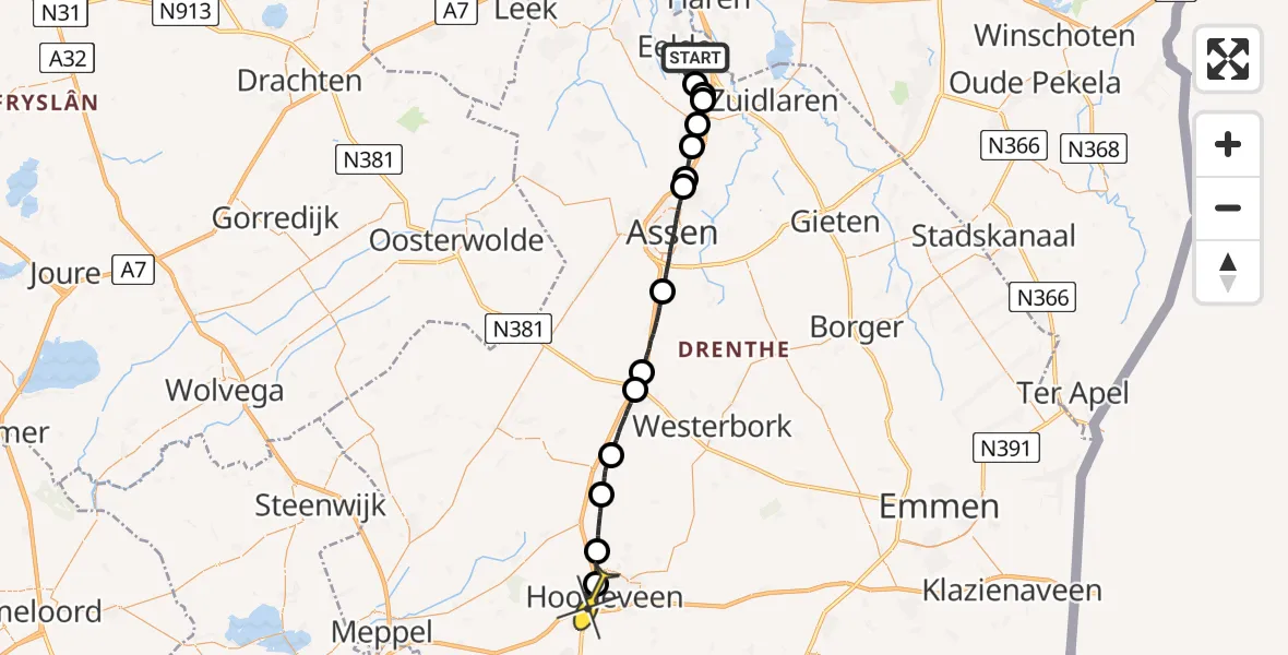 Routekaart van de vlucht: Lifeliner 4 naar Hoogeveen