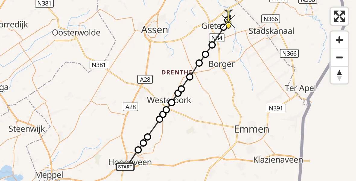 Routekaart van de vlucht: Lifeliner 4 naar Gieterveen