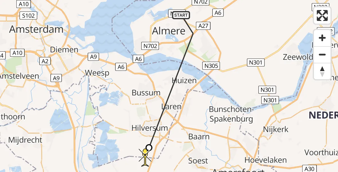 Routekaart van de vlucht: Politiehelikopter naar Hilversum