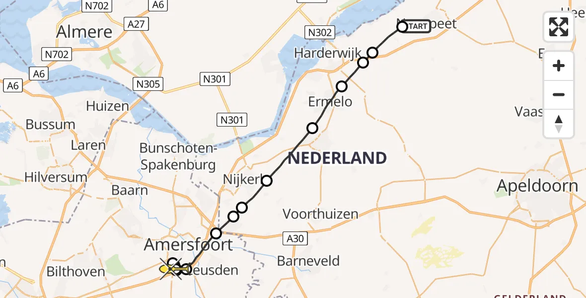 Routekaart van de vlucht: Politieheli naar Leusden