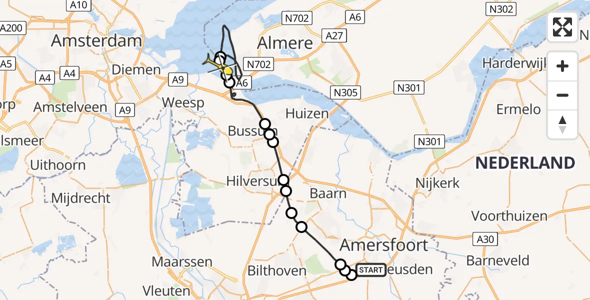 Routekaart van de vlucht: Politieheli naar Muiden