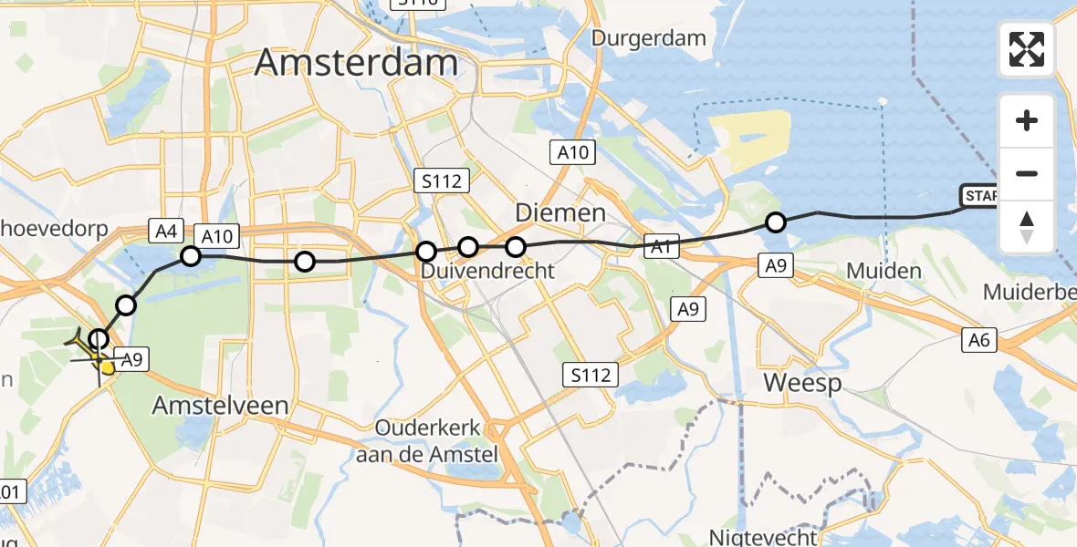 Routekaart van de vlucht: Politieheli naar Schiphol