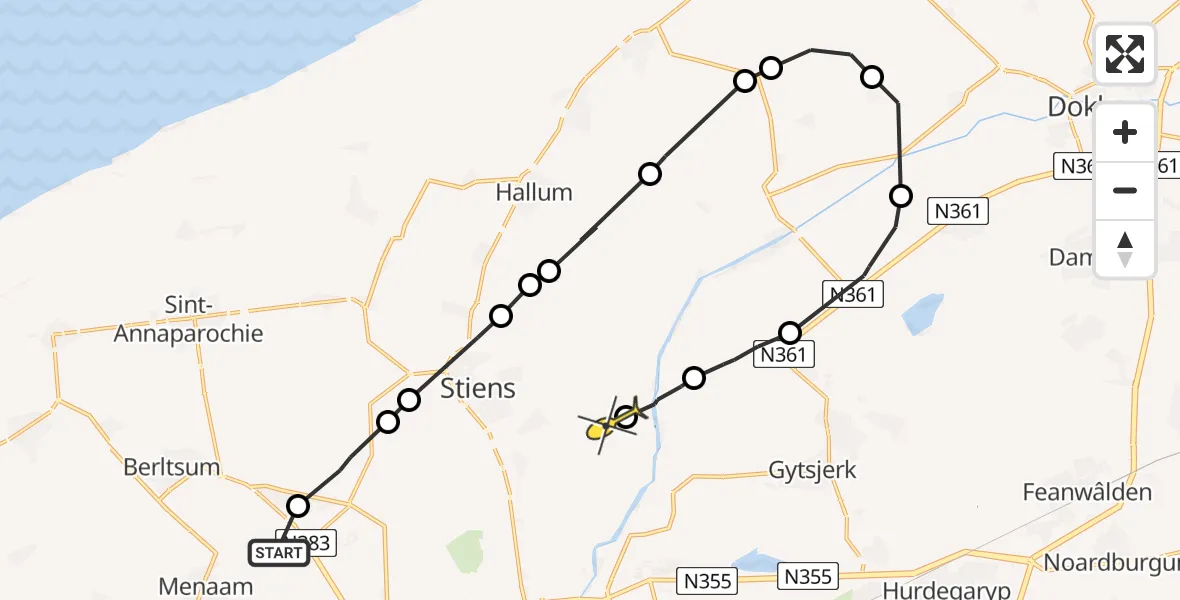 Routekaart van de vlucht: Ambulanceheli naar Britsum