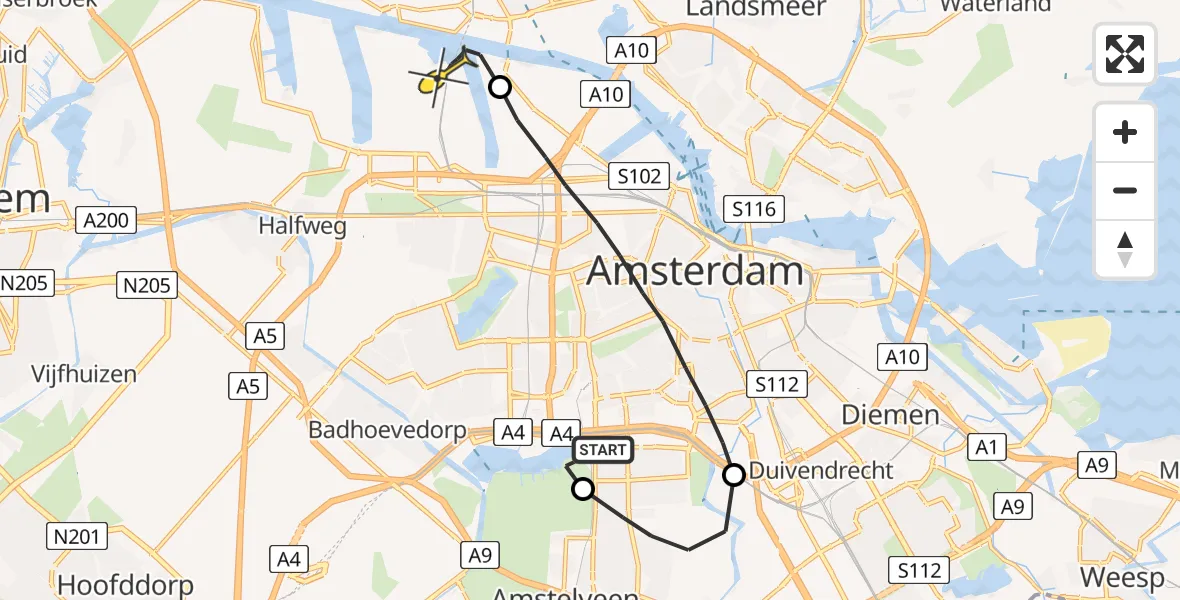 Routekaart van de vlucht: Lifeliner 1 naar Amsterdam Heliport