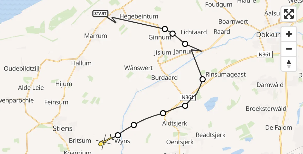 Routekaart van de vlucht: Ambulanceheli naar Britsum