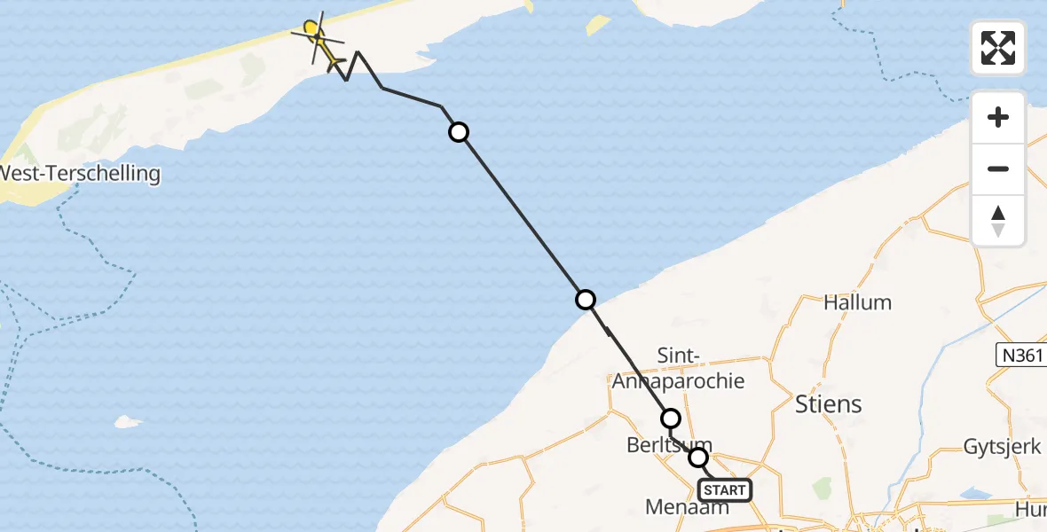 Routekaart van de vlucht: Ambulancehelikopter naar Oosterend